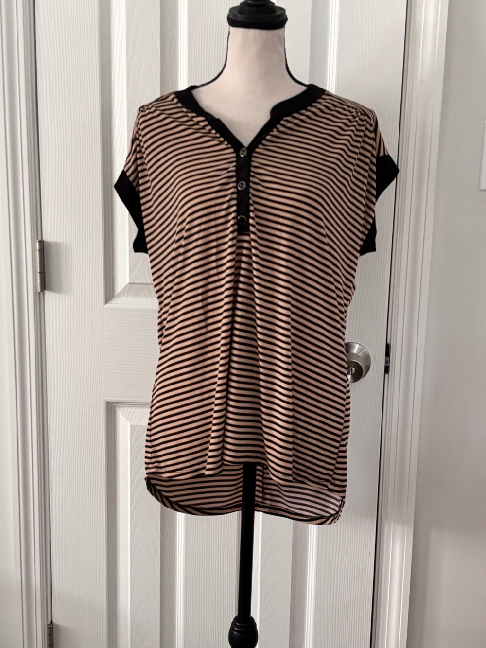 Striped V-Neck Short Sleeve Blouse in Tan and Black - Picture 2 of 8